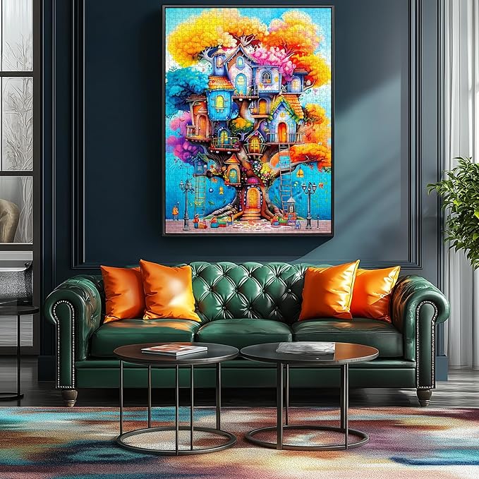 Blueforest 1000 Piece Puzzle for Adults - Whimsical Colorful Tree House Fantasy Art Jigsaw Puzzle, 27.5x19.7 Inches Premium Quality for Game Nights Relaxation & Home Decor