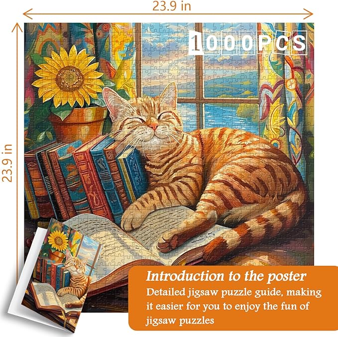 Cat Puzzles for Adults 1000 Pieces, PICKFORU Animal Kitten Jigsaw Puzzles Funny Sleep Kitty, Difficult Unique Book Puzzle for Cat Lovers
