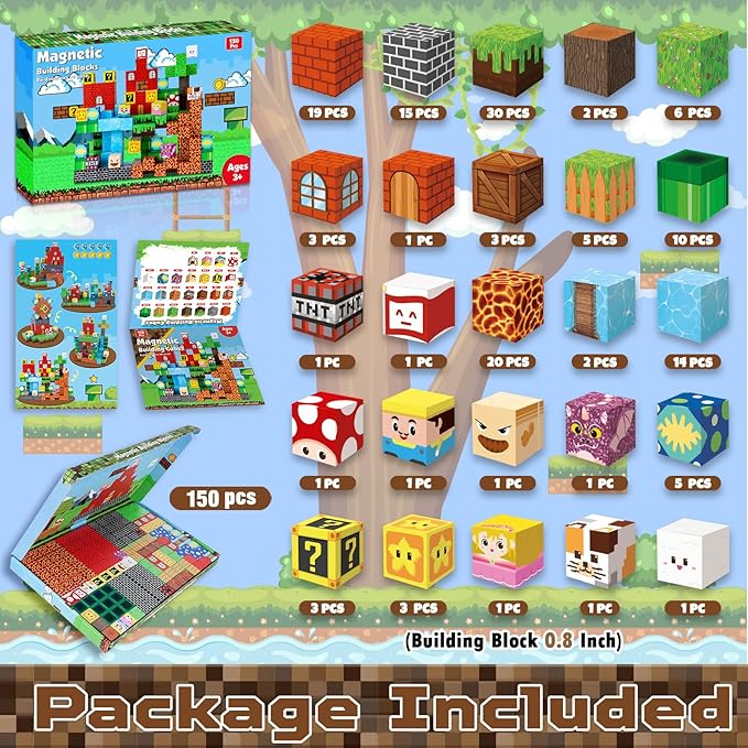 Magnetic Blocks-150 PCS Build Adventure Game Castle World Set - Magnetic Building Cubes Stacking, STEM Montessori Sensory Toys for Kids Boys Girls Ages 3+ Easter Birthday Gifts