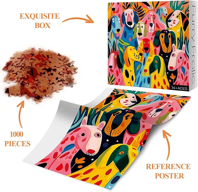 Colorful Dog Puzzle for Adults 1000 Pieces, Funny Puppy Jigsaw Puzzle, Abstract Animal Plant Puzzle