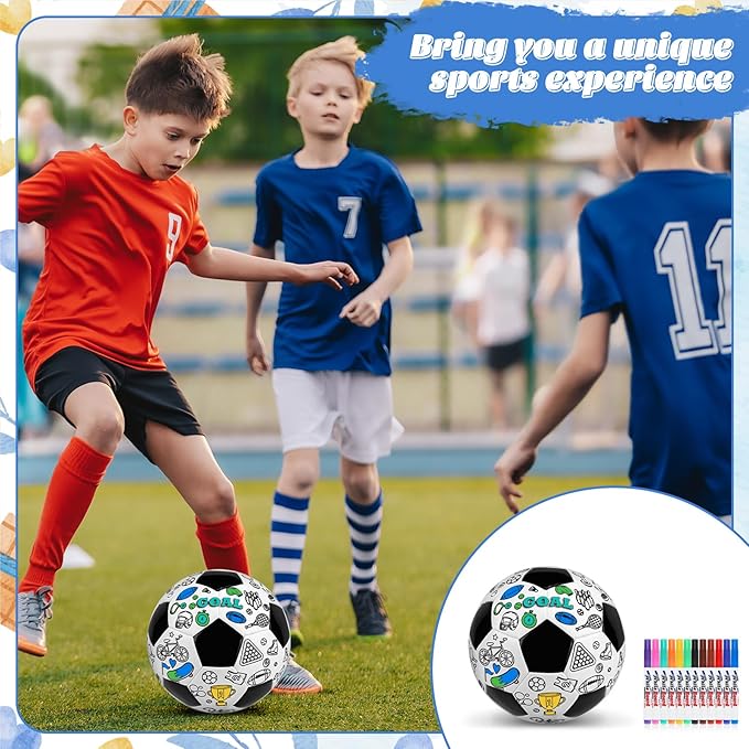 Size 4 Color Your Own Soccer Ball Black DIY Custom Craft Kit with Pump 12 Markers Personalized Youth Toddler Training Paint Your Own Toy Creative Gift for Kids (Black Soccer Ball, 4)