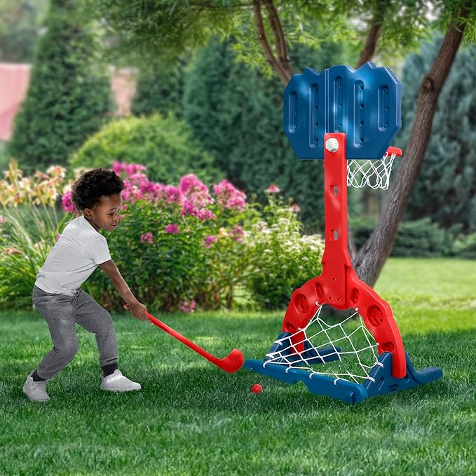 Delta Children Marvel Spider Man 4-in-1 Sports Center – Adjustable Easy Score Basketball Hoop, Soccer/Hockey Net and Golf Game, Red/Blue
