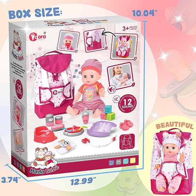 Toy Choi's Baby Doll with Baby Backpack Care PlaySet, 14'' Dolls with Accessories Includes Feeding Set, Pretend Play Toddler Toys for 3 4 5+ Years Old Girls Kids
