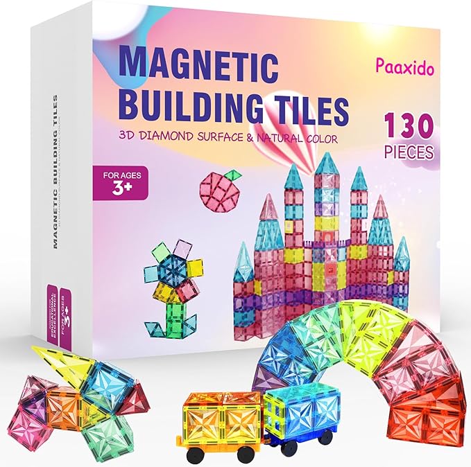 Magnetic Tiles, 130PCS Magnetic Blocks Set with 2 Cars, 4D Diamond Magnet Building Blocks, STEM Preschool Educational Magnet Toys Gift for Kids, Boys and Girls 3 4 5 6 7 8+ Year Old