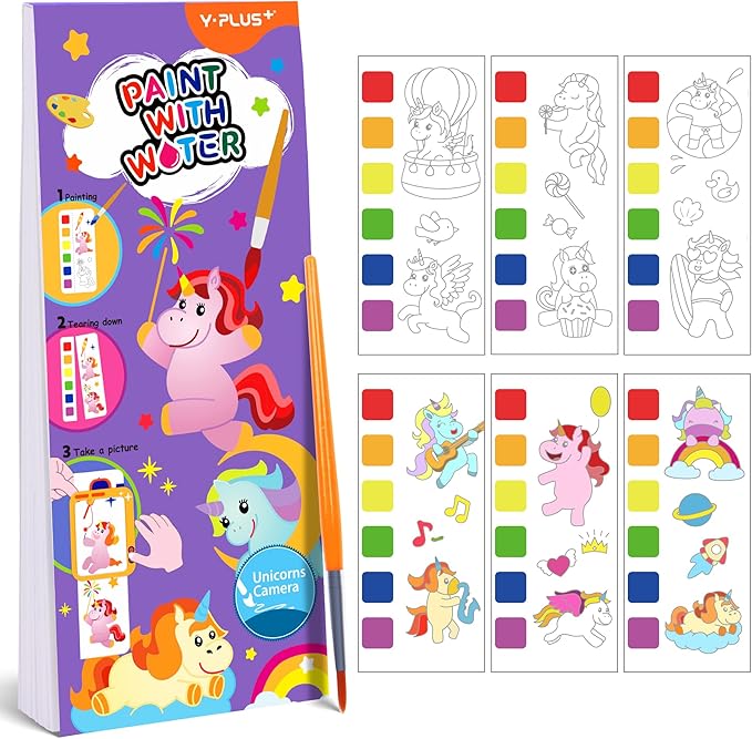 YPLUS Pocket Paint with Water Book for Toddler, Art Activities Craft Toys Watercolor Painting Paper for Kids, Gift for Kids Ages 1-3, 2-4, 4-6, Drawing with Brush- Unicorn