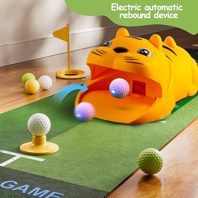 Putting Green Indoor with Toddlers Golf Clubs，Party Game with Automatic Golf Bounce Back Machine,Outdoor Training mats,Light up Balls,Gifts for 3 Year Old boy&Girl