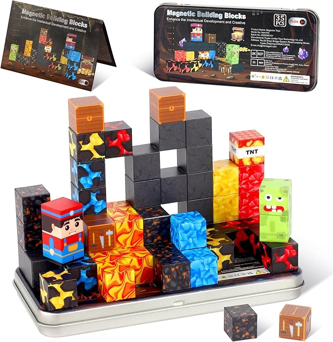 35PCS Magnetic Blocks Travel Set, Mini Magnetic Blocks Travel Toys for Kids Ages 3-5 4-8, Portable Magnet Cubes STEM Learning Toys with Portable Iron Storage Box Christmas Birthday Gifts