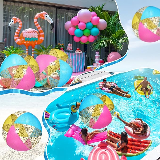 Realspring 2 Pcs 48'' Giant Beach Balls for Swimming Pool 4 Ft Jumbo Glitter Confetti Inflatable PVC Pool Balls Large Summer Blow up Beach Toys for Adults Summer Outdoor Party Favor(Colored)