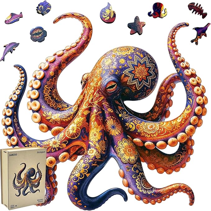 Wooden Jigsaw Puzzles for Adults and Kids, Octopus 200 Piece Unique Shaped Puzzle, Family Game and Creative Wooden Puzzle Gift, Wall Art Decor