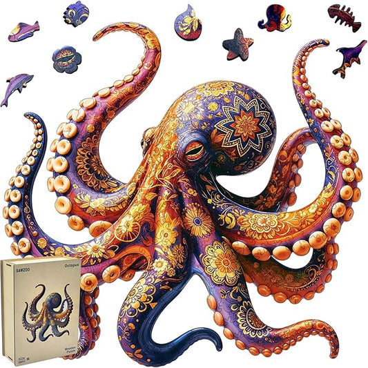 Wooden Jigsaw Puzzles for Adults and Kids, Octopus 200 Piece Unique Shaped Puzzle, Family Game and Creative Wooden Puzzle Gift, Wall Art Decor