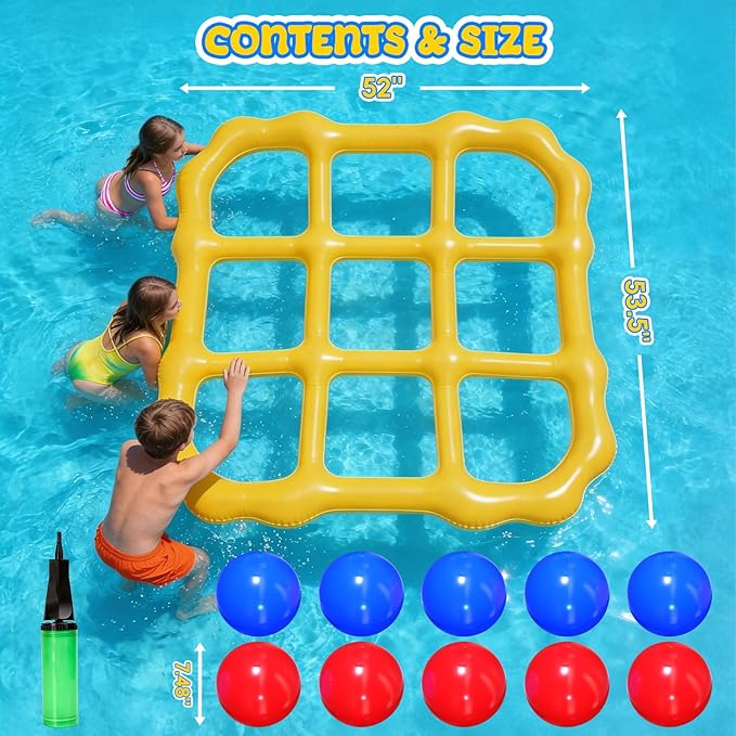 Tic Tac Toe Pool Game, Giant Inflatable Floating Board Set with 10 Balls, Pool Toys Party Game for Kids Adults Teens, Summer Water Party Backyard Beach Yard Field Day Outdoor Activities