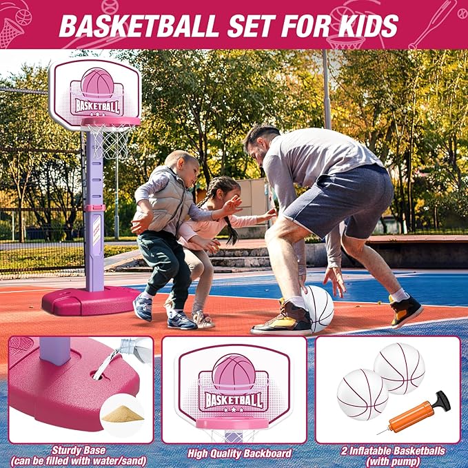 2 in 1 Toddler Basketball Hoop and T Ball Set with Automatic Pitching Machine - Adjustable Height, Kids Basketball Hoop Suit for Indoor/Outdoor, Sport Toys Gifts for Girls Age 3-8, Pink