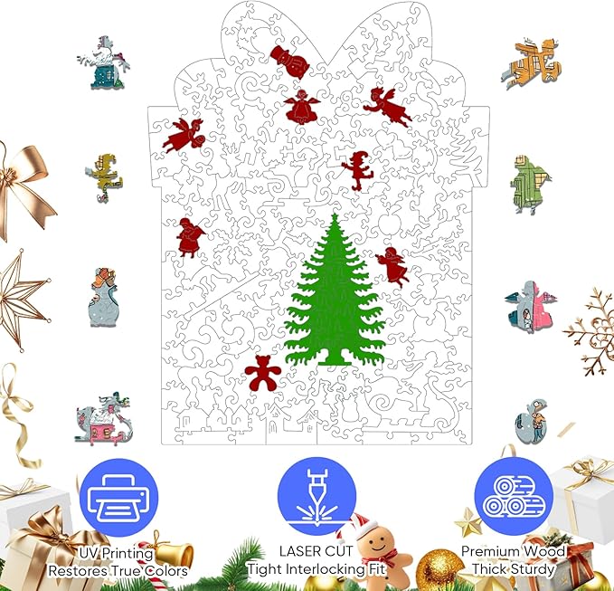 Mocfesk 495 Pieces Snowy Building Wooden Puzzles for Adults and Kids, Christmas Winter Town Puzzles for Family, Unique Shaped Wooden Puzzles Gift Box, Holiday Activity Family Fun 13.7'' x 17.8''