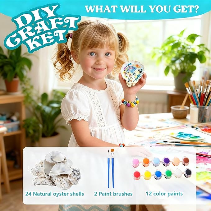 GMGH 24Pcs Oyster Shells Painting Kit for Kids, 3"-4" Oyster Shell for Crafts, Bulk Sea Shells Arts and Crafting Supplies, DIY Seashells Ornaments for Christmas, Home Decor
