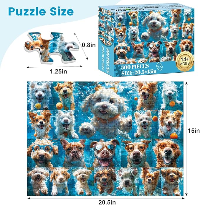 500 Piece Puzzle for Adults, Funny Puppy Animal Jigsaw Puzzles, Fun Cool Silly Puzzles with Underwater Dogs, 500 Pieces Birthday Party for Family Adult Funny Puzzle for Adults, 20.5×15 in