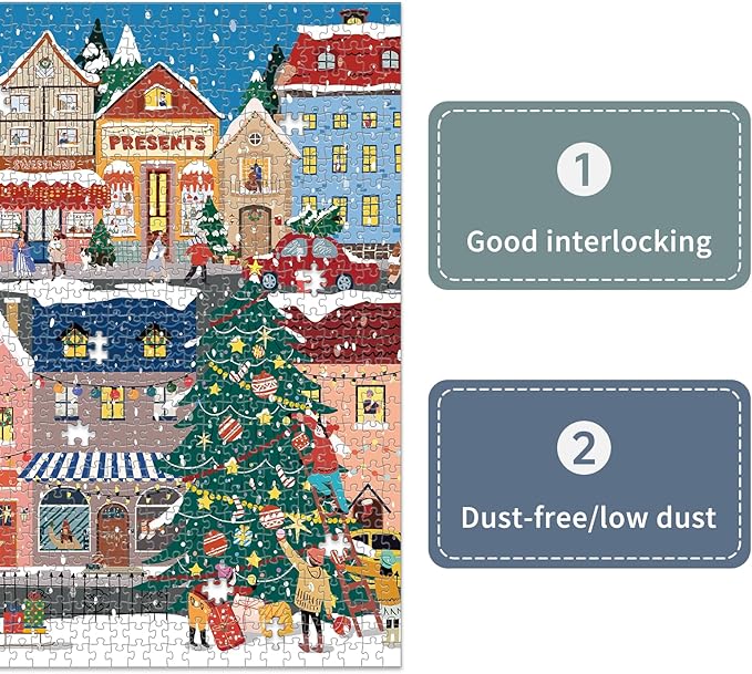 1000 Piece Christmas Puzzle for Adults, Festive Winter Village Jigsaw Puzzle with Glitter Snow Effect, Holiday Street Scene Puzzle, Perfect for Christmas Fun, 24 x 24 Inches