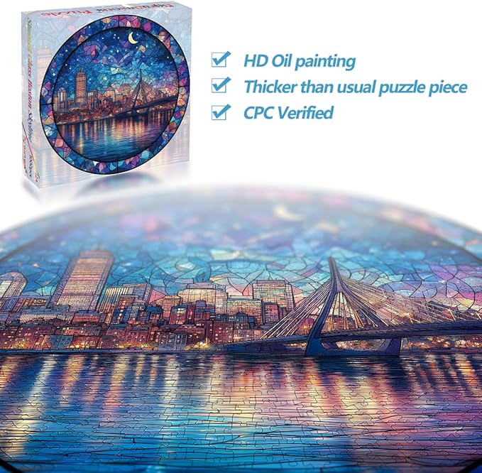Bgraamiens 1000 Piece Jigsaw Puzzles for Adults – Stained Glass Boston Skyline – Moonlit City View with Bridge and Reflections – Artistic Nighttime Challenge Gift