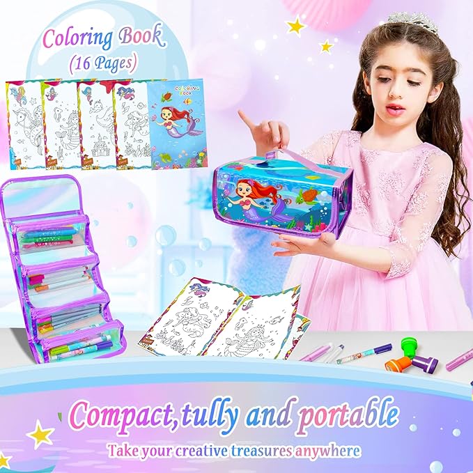 weirtoya 56 PCS Washable Scented Markers Set with Glitter Pencil Case, Mermaid Unicorn Arts and Crafts for kids 4-6-8 Kids Coloring Drawing Kits for 4-8 Years Old Girls Birthday Gifts (Mermaid, 56)