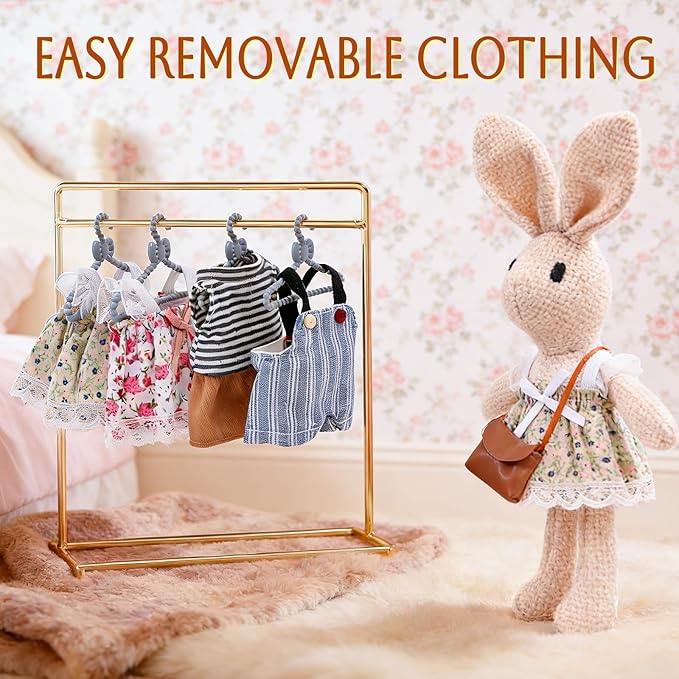 HAPGFS Handmade Rabbit Family Dolls Set of 4 with Removable Outfits & Bag, Realistic Dollhouse People Figures for Imaginative Play, Kids Room Decoration, Easter Bunny