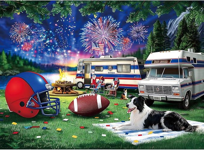 500 Pieces Puzzle for Adults, Puzzles for Adults 500 Pieces, American Football Camping Fireworks Dog Jigsaw Puzzle, Challenging Perfect for Game Nights, 20.5 X 15 in