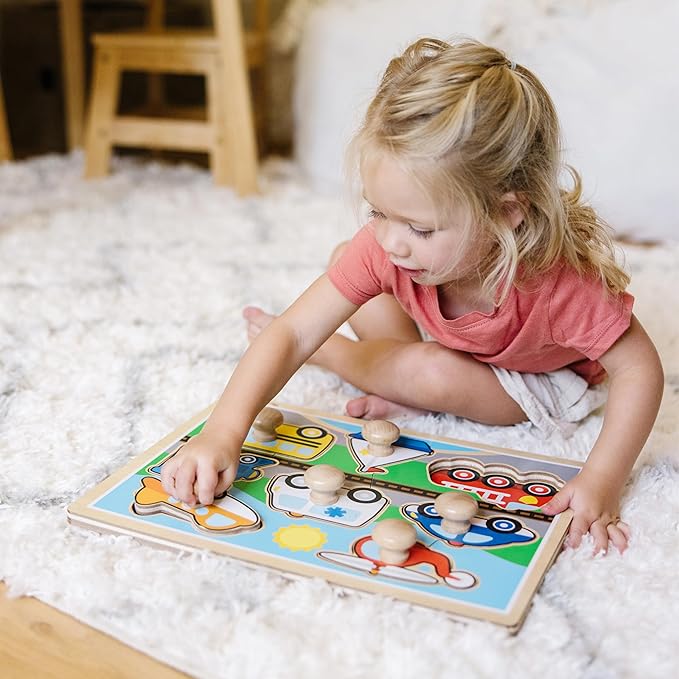 Melissa & Doug Vehicle Jumbo Knob Puzzle, Wooden Peg Puzzle for Toddlers, Educational Toy for Shape Recognition and Fine Motor Skills, Ages 1+