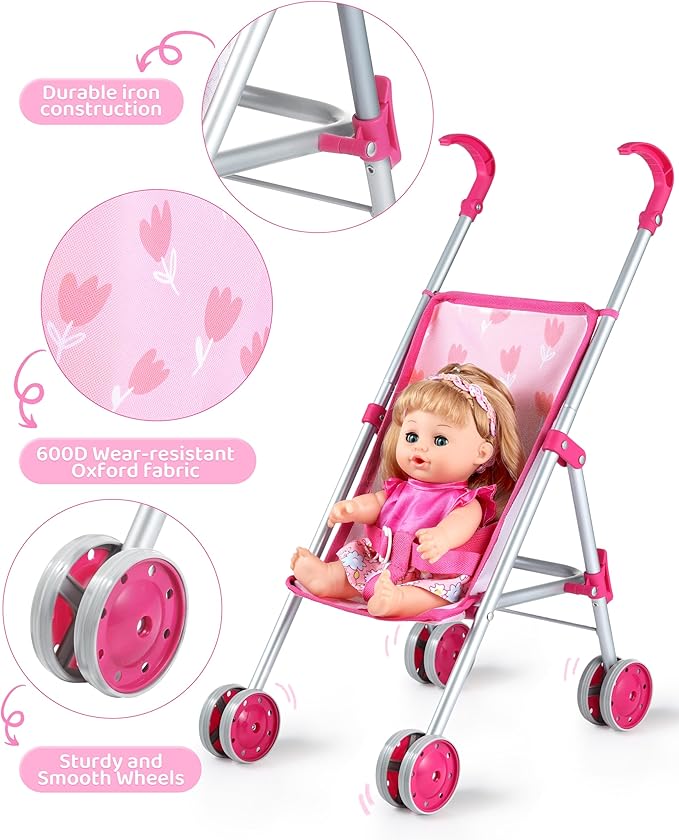 GAGAKU Baby Doll Stroller Playset with 12-inch Doll & Accessories, Foldable Lightweight Toy Stroller for Toddler Girls Kids Ages 1-6, 12" Baby Doll and Accessories Included - Tulip Pattern