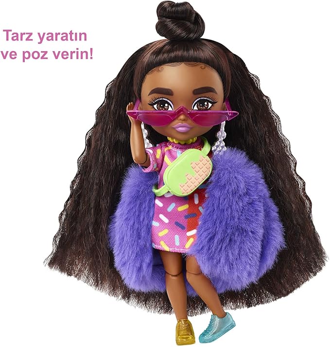 Barbie Extra Minis Doll #1 (5.5 in) Wearing Sprinkle-Printed Dress & Furry Coat with Doll Stand & Accessories Including Micro Sunglasses and Waist Bag, Gift for Kids 3 Years Old & Up
