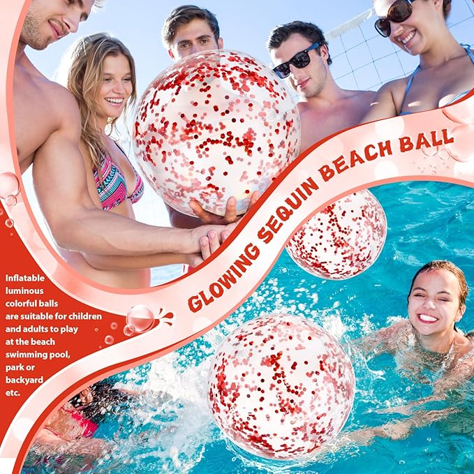 12 Pack 12 Inch Glow in The Dark LED Beach Ball Jumbo Confetti Glitters Inflatable Ball Swimming Pool Game for Party Pool Summer
