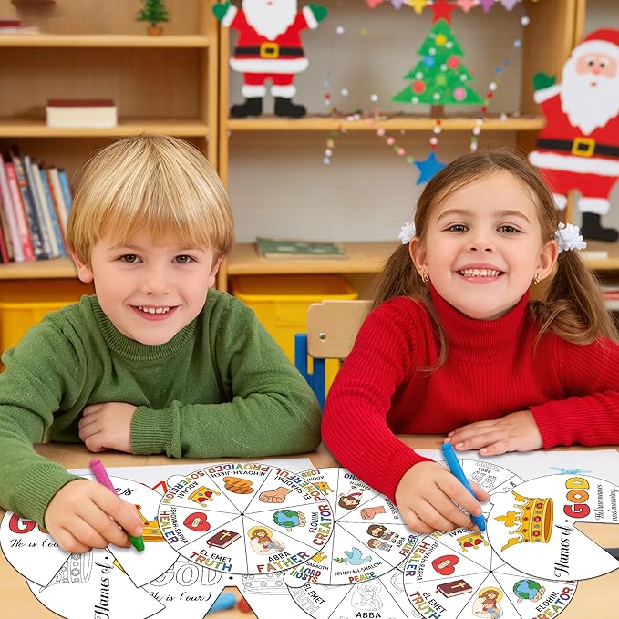 COcnny Religious Christian Craft for Kids - 24 Sets Color Your Own God’s Name Art Craft Cards, DIY Coloring God Wheel Paper Kit for Church Sunday School Home Class Bible VBS Activities