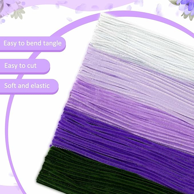 Peryiter 500 Pieces Pipe Cleaners Chenille Stems for Flowers Craft Supplies Bulk Fluffy Fuzzy Sticks for DIY Art Projects Creative Gift Wrapping Party Decorations(Purple Flower Color,12 Inch)
