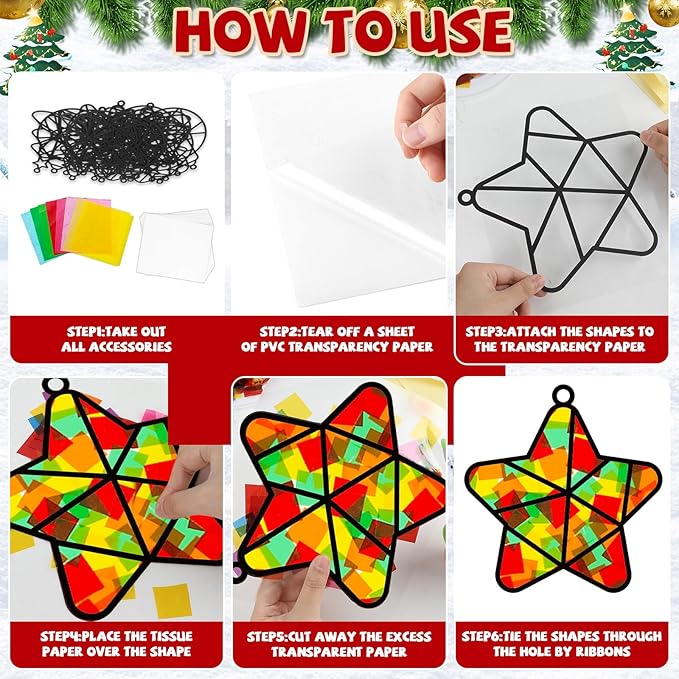 QOUBAI 32 Sets Christmas Theme Suncatchers Craft Kit DIY Window Stained Glass Effect Christmas Theme Paper Crafts Home School Classroom Decoration Kid Birthday Gift Creative Art Project Activity Game