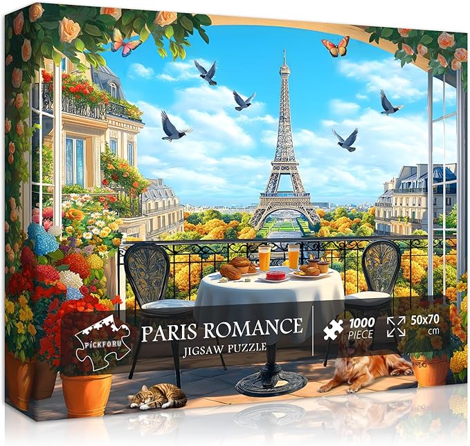 Paris Jigsaw Puzzles 1000 Pieces, Flower Landscape Scenery Puzzle Features Bird Dog Cat Butterfly, Eiffel Tower Nature Scenic Floral Challenge for Adults