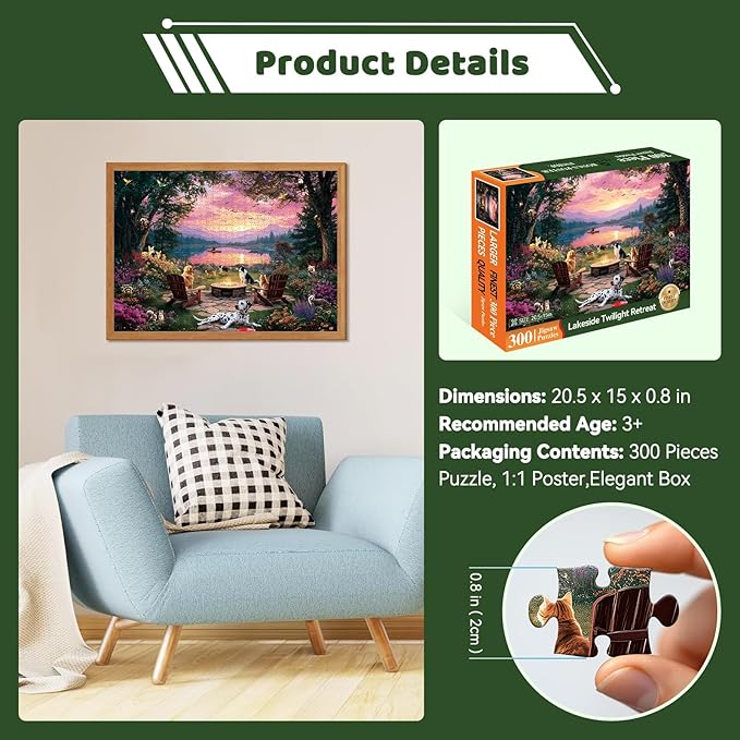 300 Piece Puzzles for Adults, 300 Piece Puzzles for Adults Large Piece, Lake Sunset Dogs Campfire Jigsaw Puzzle Funny Gift for Adult Kids Challenging Family Games Toy, 20.5 X 15 in