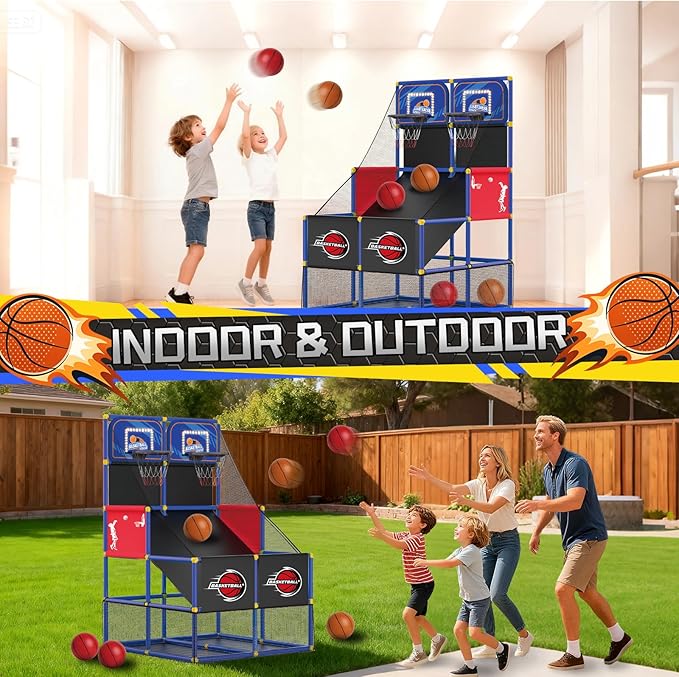 Upgrade Dual Basketball Arcade Game Kids Electronic Basketball Hoop with Electronic Scoreboard LED Light 6 Balls Indoor Outdoor Sports Toys Gift for Boys Girls Ages 3-8 (Blue)