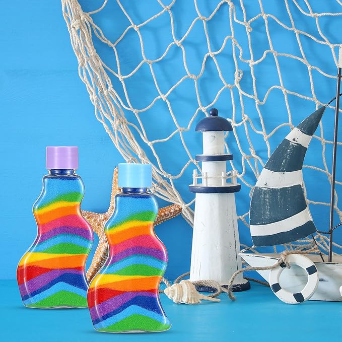 Nuenen 50 Pcs Sand Art Bottles Bulk with Funnels Plastic Wave Shaped Sand Art Containers for DIY Craft Party Supplies(Colorful Lid)