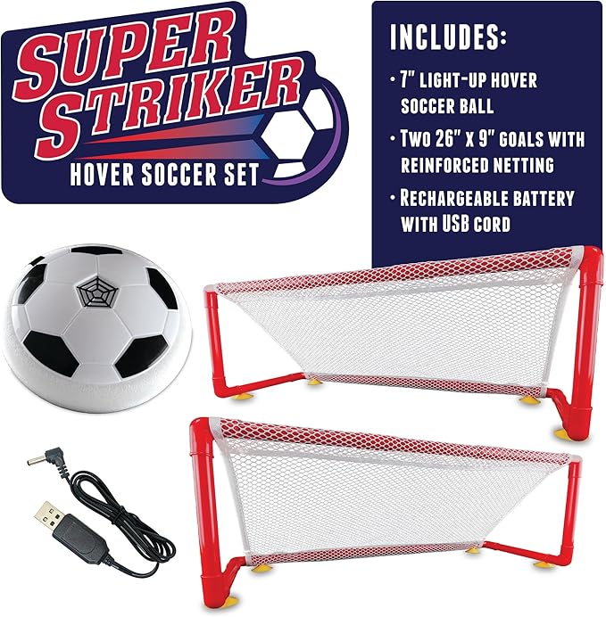 MindWare Super Striker Hover Soccer Ball Set - Indoor Soccer for Kids Ages 3 and Up - Flashing LED Lights - USB Charger - Includes 2 Sturdy Nets for 1 or 2-Player Indoor Games for Kids 8-12