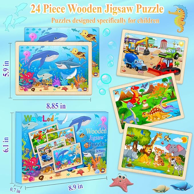 Wooden Puzzles for Kids Ages 4-6, 4 Pack with 24 Pieces Dinosaur, Animal, Ocean, Vehicle Wooden Puzzles for Toddlers Set, Educational & Learning Puzzles, Gifts for 3 4 5 6 Year Old Boys Girls