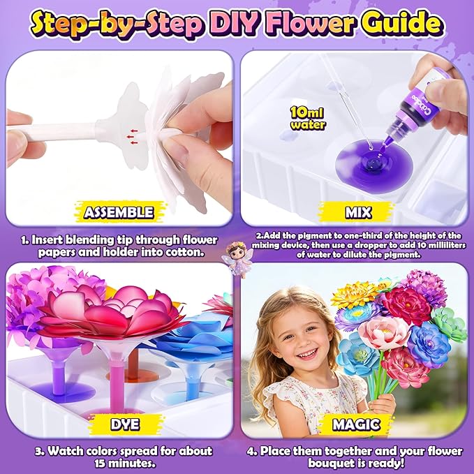 Coodoo DIY Flower Craft Kits, Magic Dyeing Florist Bouquet Maker Art Supplies Arts and Crafts for Kids Ages 4-6 4-8 8-12, STEM Montessori Toddler Kids Toys Birthday Easter Gifts for Girls Boys