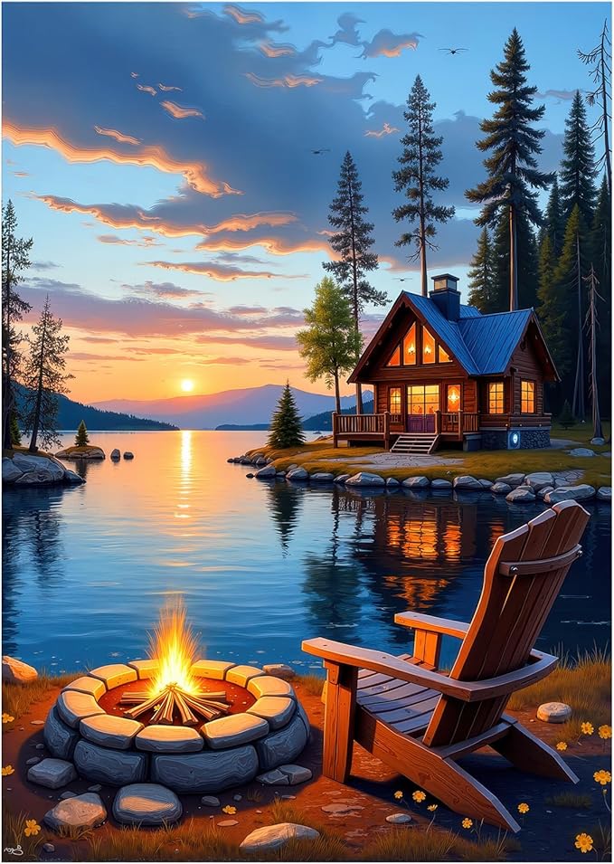 Lake Cabin Puzzles for Adults 1000 Pieces, Sunset Forest Landscape Jigsaw with Bonfire Lodge, Camping Scene Puzzle with Letters on Back, 20x28 Wall Art, Relaxing Family Game, Easter
