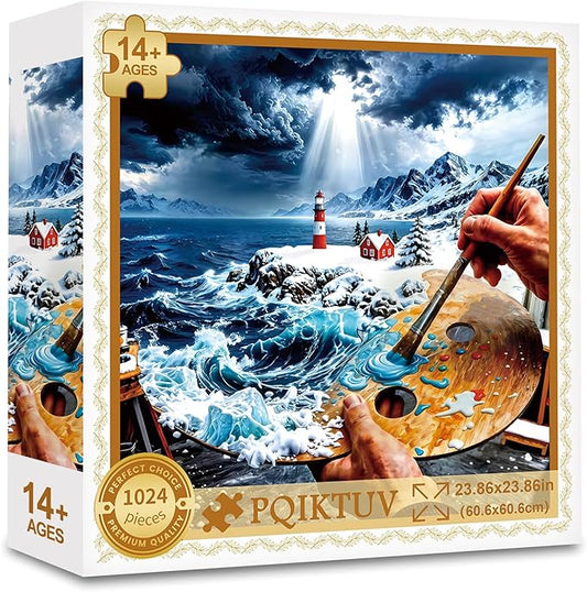 1024-Piece Jigsaw Puzzle for Adults, 3D Surreal Lighthouse Coastal Painting, Family Impossible Ocean Puzzle Wall Decor & Gift for Art & Ocean Lovers, 23.86 x 23.86 Inches
