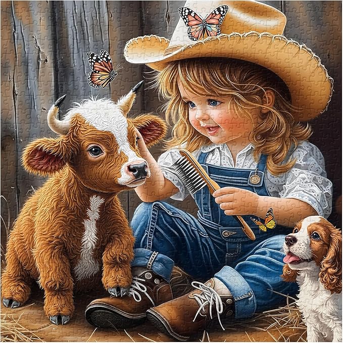 Animal Farm Puzzles for Adults 1000 Pieces, Cute Highland Cow Puppy Jigsaw Puzzles, Nature Country Farmyard Friendship Puzzle