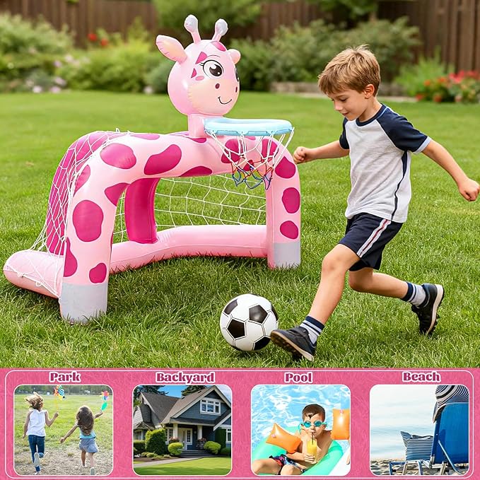 Soulchen 1 Set 2 in 1 Inflatable Toddler Basketball Hoop Soccer Goal Set, Giraffe Indoor Outdoor Sports Activity Center Toys for Kids, Baby Toddlers Birthday Gift for 1 2 3 4 5 Year Old Boys Girls