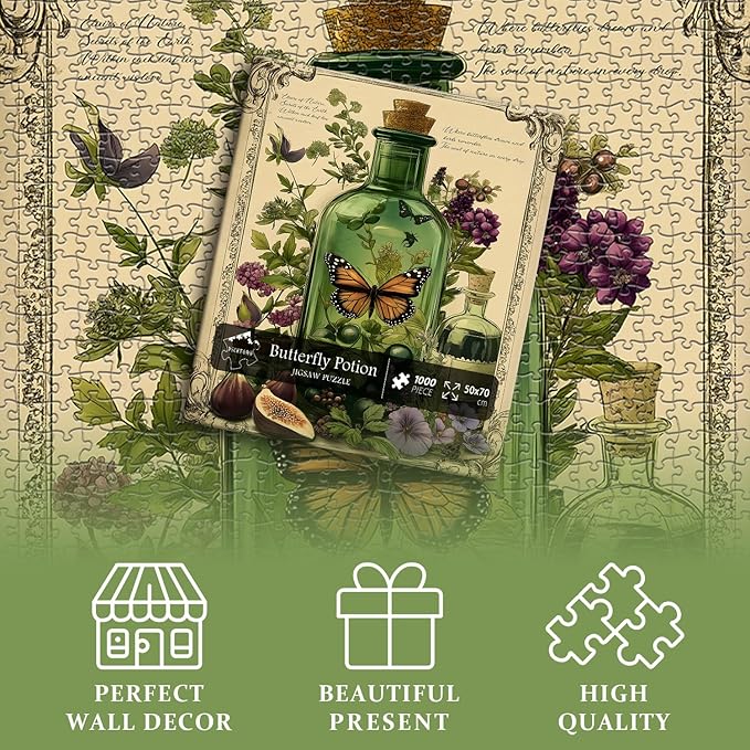 PICKFORU Plant Puzzles for Adults 1000 Pieces, Vintage Butterfly Magic Potion Bottle Puzzles,Flower Jigsaw Puzzle Retro Phytology Poster