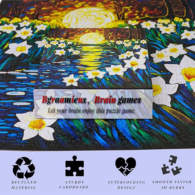 Bgraamiens Puzzle-Moonlight Daffodils-1000 Pieces Square Stained Glass Art Puzzle Daffodils in Moonlight Color Challenging Beautiful Jigsaw Puzzles for Adults (Moonlight Daffodils)