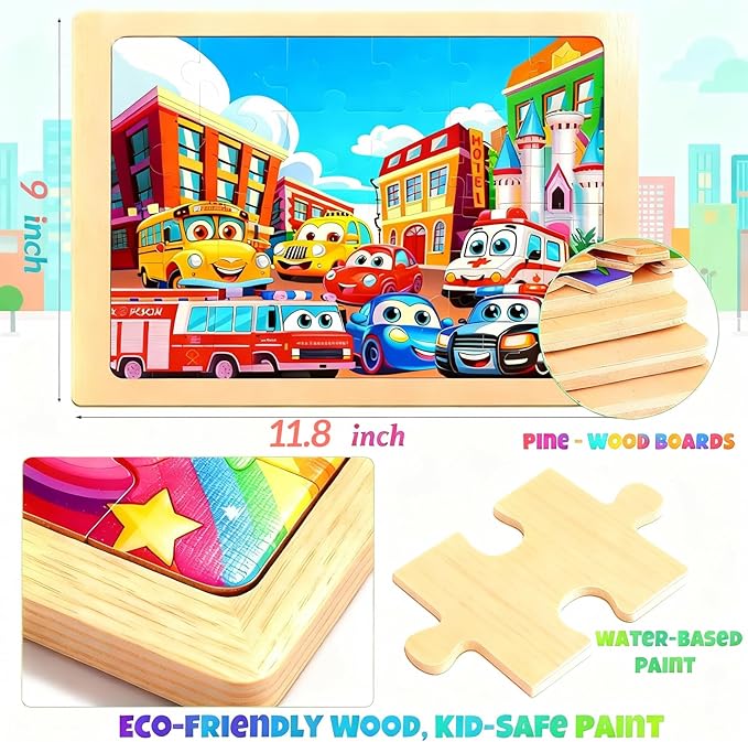 Wooden Puzzles for Kids Ages 5-8, Set of 4 Packs with 60 Pieces Wood Jigsaw Puzzles, Vehicle Theme Educational Toys Birthday Gifts for Kids 4 5 6 7 8 9 Years Old (Vehicle 60 Pieces)