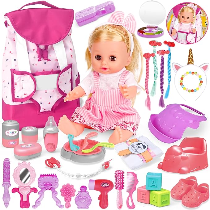 PROOU Baby Care Doll Toys Set, 36PCS Dolls Playset, Hair Salon Pretend Play Toddler Doll Toys Incl 14'' Baby Dolls Toy, Backpack, Hair Dryer, Curler, Xmas Gifts for Age 3 4 5 6+ Years Old Girls Kids