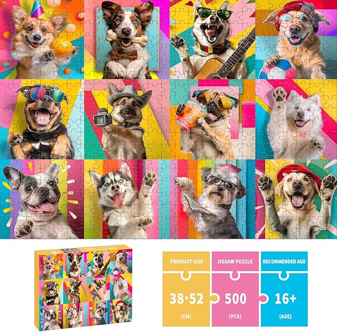 Puzzles for Adults 500 Pieces, Dog Puzzle Jigsaw Puzzles 500 Pieces - Cheerful Dogs, Dog Decor Impossible Puzzle, Finished Size 20.47 * 14.96”, with 1:1 Poster, Letter on The Back