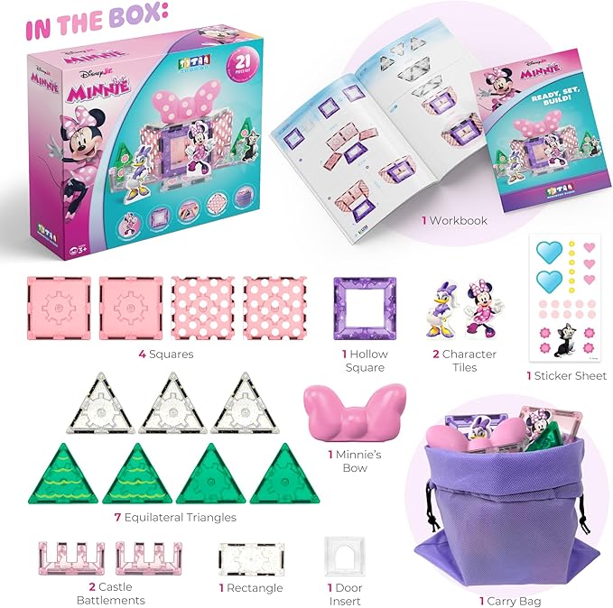Tytan Official Disney Junior Minnie Mouse Magnetic Character Tile Set – 21-Piece STEAM Building Toy with Reusable Stickers & Instruction Manual – Educational Toy for Kids Ages 3+
