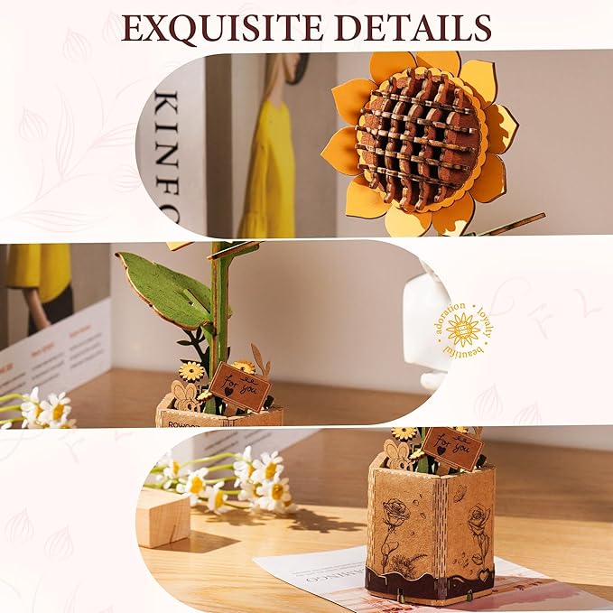 ROBOTIME Sunflower 3D Wooden Puzzle for Adults - DIY Crafts Building Kit, Relaxing Stress Relief Home Decor Art Model, Unique Birthday Gift for Mom, Women, Her