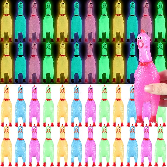 Honoson 50 Pcs Glow in The Dark Rubber Chicken 6.5 Inch Luminous Screaming Glowing Novelty Squeaky Chicken Prank Novelty Party for Adults, Family Games (Pink,Orange,Blue,Green)